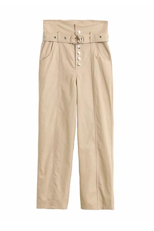 Button Belted Straight-leg Pants