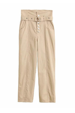 Button Belted Straight-leg Pants