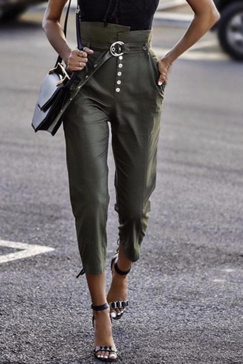 Button Belted Straight-leg Pants