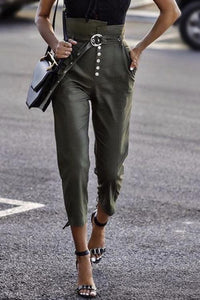 Button Belted Straight-leg Pants