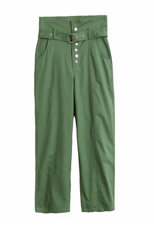 Button Belted Straight-leg Pants