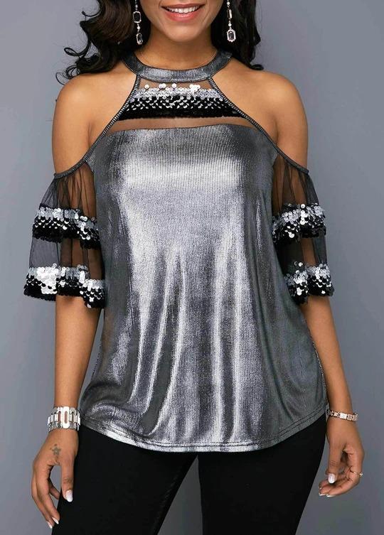 Bronzing mesh splicing fashion bead strapless shirt - Melonpook