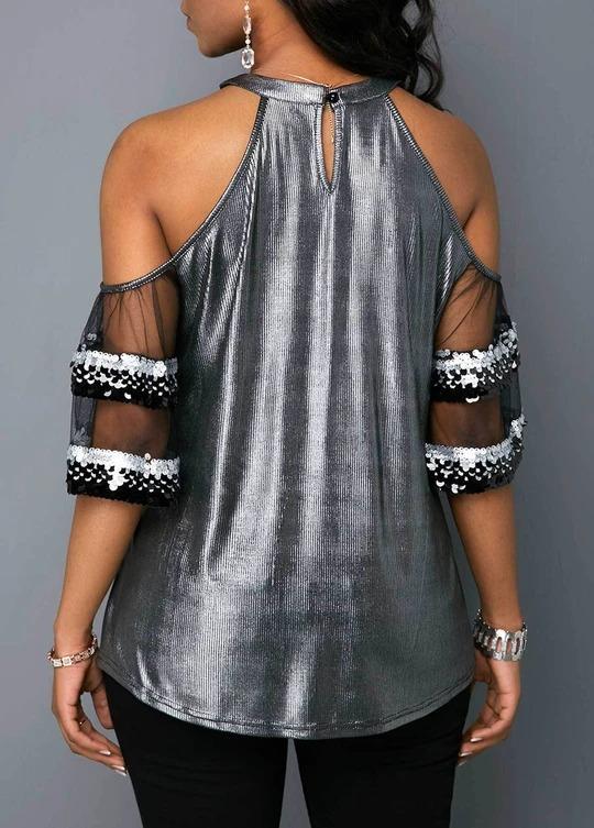 Bronzing mesh splicing fashion bead strapless shirt - Melonpook