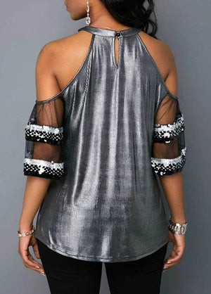 Bronzing mesh splicing fashion bead strapless shirt - Melonpook
