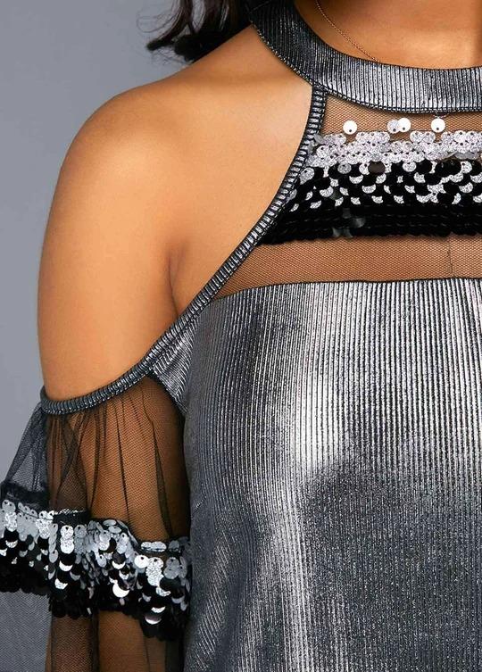 Bronzing mesh splicing fashion bead strapless shirt - Melonpook