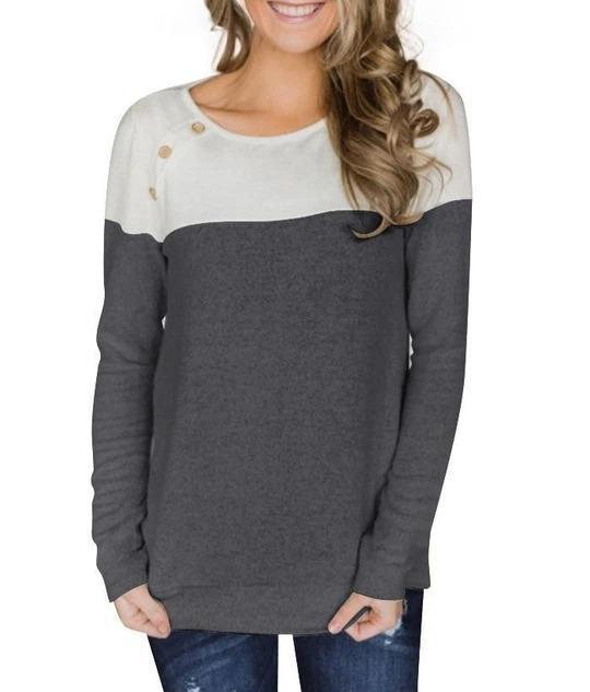 Button Decorated Long Sleeve T-Shirt Color Block - Melonpook