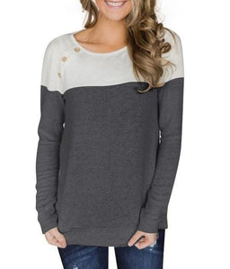 Button Decorated Long Sleeve T-Shirt Color Block - Melonpook