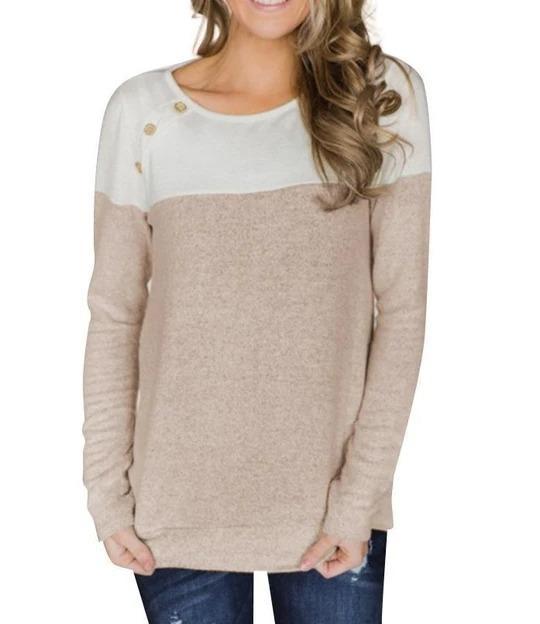 Button Decorated Long Sleeve T-Shirt Color Block - Melonpook