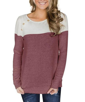 Button Decorated Long Sleeve T-Shirt Color Block - Melonpook