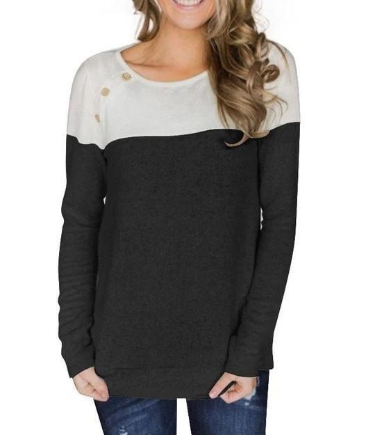 Button Decorated Long Sleeve T-Shirt Color Block - Melonpook