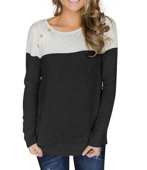 Button Decorated Long Sleeve T-Shirt Color Block - Melonpook