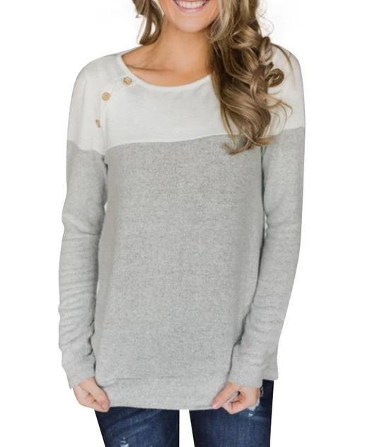 Button Decorated Long Sleeve T-Shirt Color Block - Melonpook