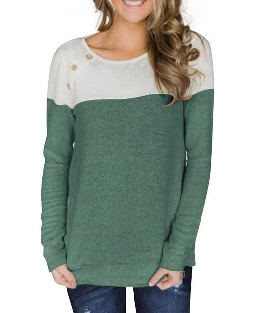 Button Decorated Long Sleeve T-Shirt Color Block - Melonpook