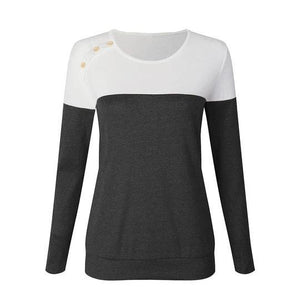 Button Decorated Long Sleeve T-Shirt Color Block - Melonpook