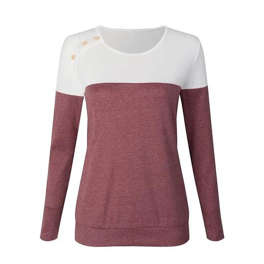 Button Decorated Long Sleeve T-Shirt Color Block - Melonpook
