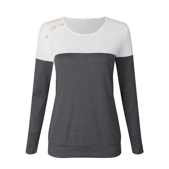 Button Decorated Long Sleeve T-Shirt Color Block - Melonpook