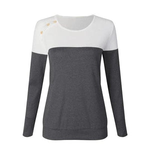 Button Decorated Long Sleeve T-Shirt Color Block - Melonpook