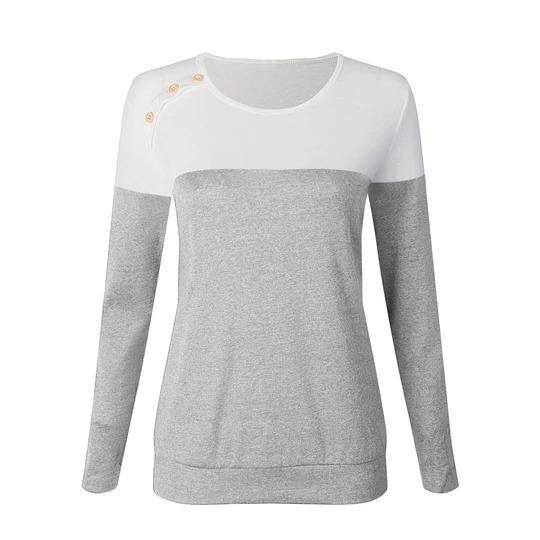 Button Decorated Long Sleeve T-Shirt Color Block - Melonpook