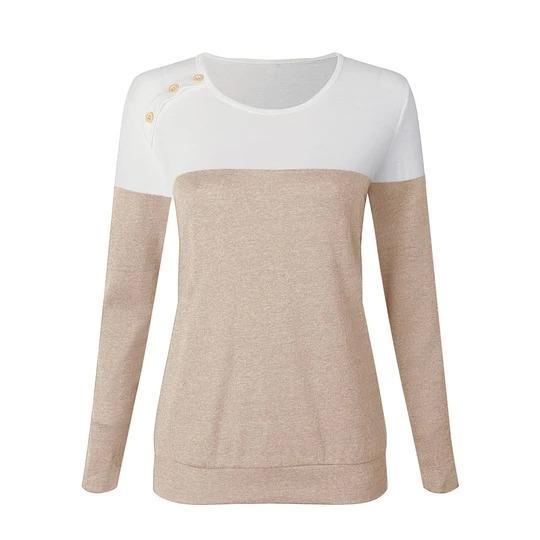 Button Decorated Long Sleeve T-Shirt Color Block - Melonpook