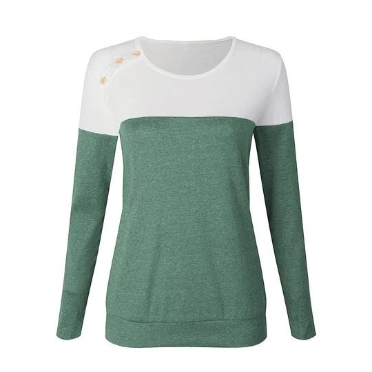 Button Decorated Long Sleeve T-Shirt Color Block - Melonpook