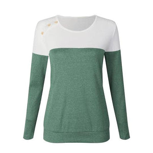 Button Decorated Long Sleeve T-Shirt Color Block - Melonpook