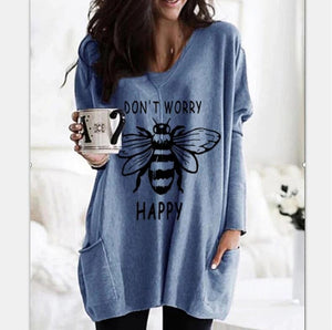 Bee Print V-Neck Tunic Tee With Pocket