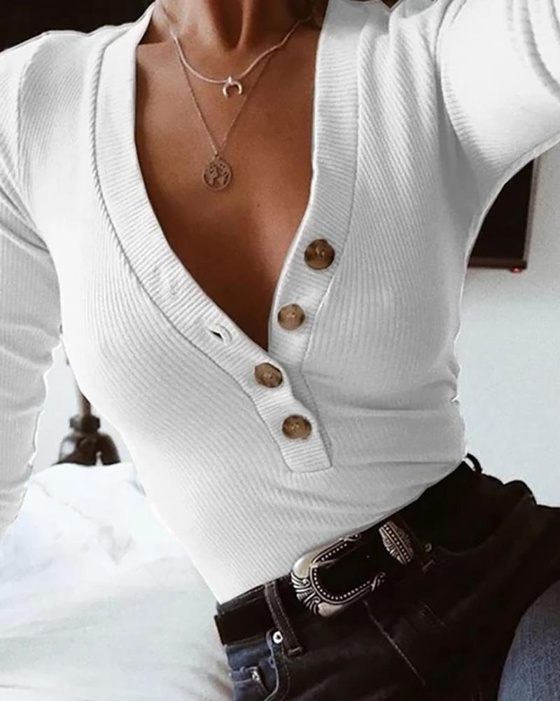 Button Design Deep-V Long Sleeve T-shirt