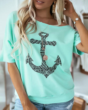 Boat Anchor Print Half Sleeve Casual T-shirt