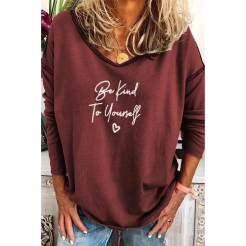 Be Kind To Yourselft Printed V-Neck Long Sleeve T-Shirts