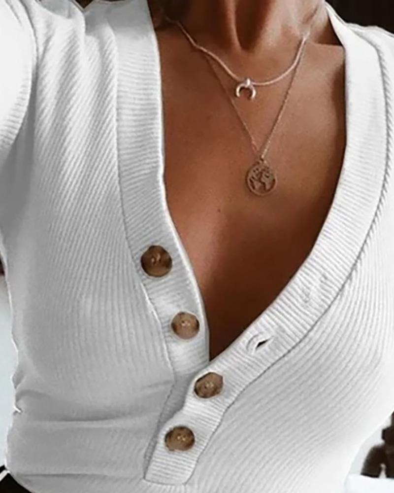 Button Design Deep-V Long Sleeve T-shirt