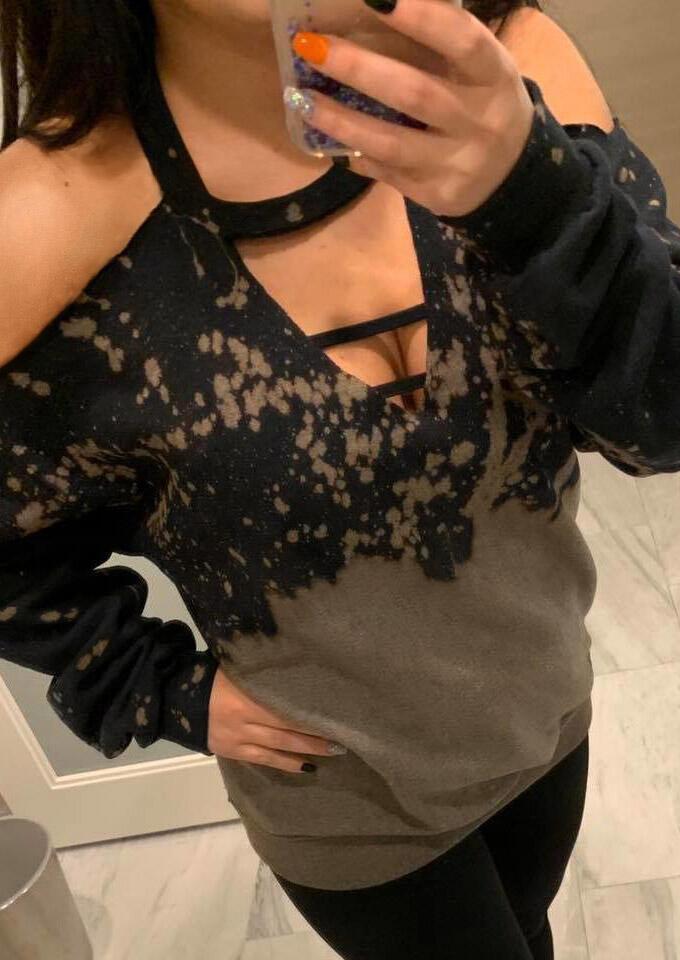 Bleached Hollow Out Cold Shoulder Sweatshirt - Black