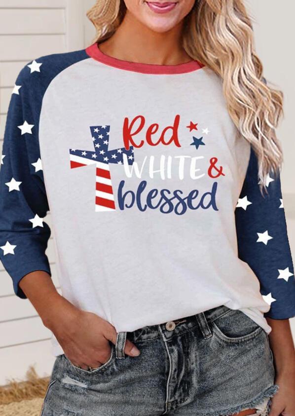 Blessed Cross American Flag Star Christian Blouse - White