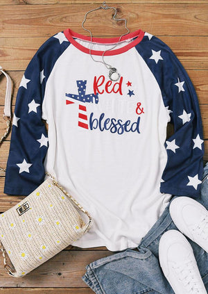 Blessed Cross American Flag Star Christian Blouse - White