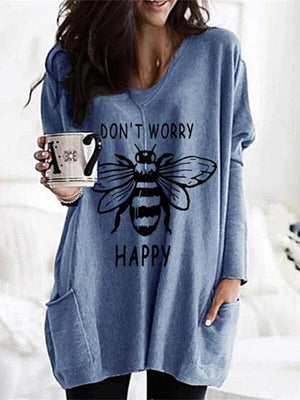 Bee Print V-Neck Tunic Tee With Pocket