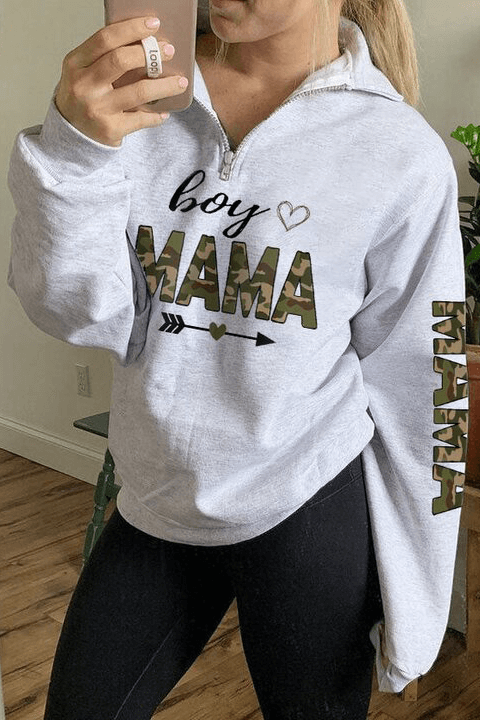 Boy Mama Army Camo Letter Print Zip Sweatshirts