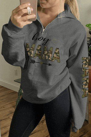 Boy Mama Army Camo Letter Print Zip Sweatshirts