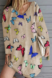 Butterfly Print Long Sleeve V-Neck Mini Dress