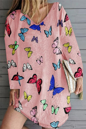 Butterfly Print Long Sleeve V-Neck Mini Dress