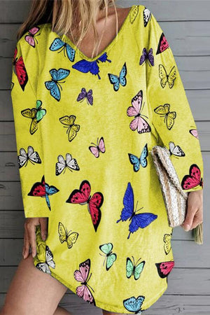 Butterfly Print Long Sleeve V-Neck Mini Dress