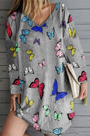 Butterfly Print Long Sleeve V-Neck Mini Dress
