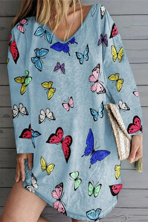Butterfly Print Long Sleeve V-Neck Mini Dress